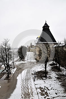 River view on Pskov Kremlin, Krom in winter time