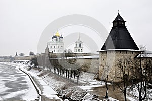River view on Pskov Kremlin, Krom in winter time