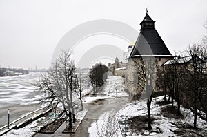 River view on Pskov Kremlin, Krom in winter time