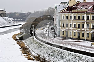 River view on Pskov Kremlin, Krom in winter time