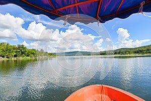 River view From small boats with blue sky - nature river water in thailand , Fishing boat