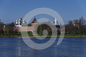 River Volkhov and Kremlin, Veliky Novgorod, Russia,