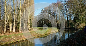 River walk at Lode Cambridgeshire with stream and trees.