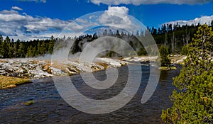 River with warm water in the valley of the Yellowstone National Park, USA