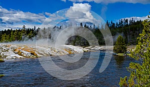 River with warm water in the valley of the Yellowstone National Park, USA