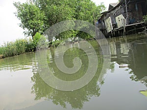 River water on the edge of fish and shrimp farmer settlements