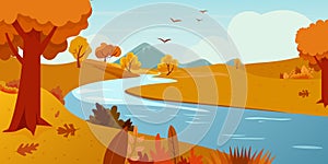 River water flow and mountain autumn landscape illustration.