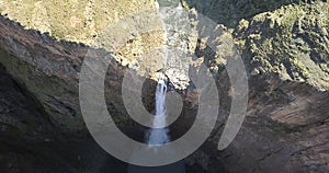 River waterfall, cliff hill and drone aerial view of outdoor harmony, freedom or mountain rocky terrain, countryside or