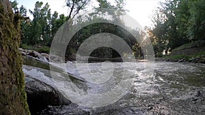 River waterfall on a sunrise forest landscape