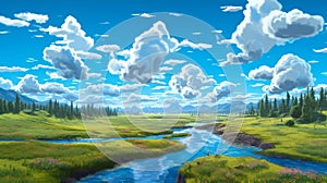 River In Western Siberia With Clouds In Anime Art Style photo