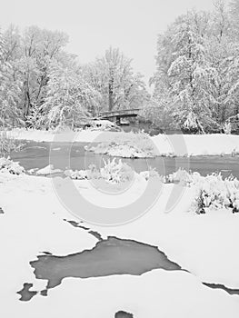 River wetlands with snow cover along the Pegnitz river