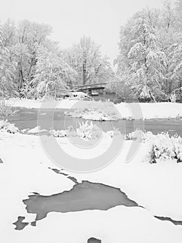 River wetlands with snow cover along the Pegnitz river, Nuremberg, Germany