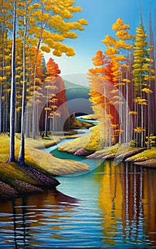 A river winding through a lush forest, reflecting autumn colors. painting