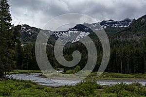 River Winds Below Pines and Cloudy Mountains