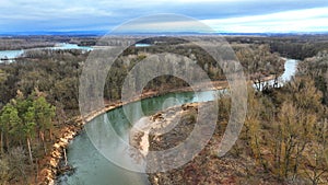 River winter floodplain delta Zastudanci meander drone aerial inland video shot in sandy sand alluvium freezing cold