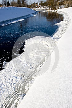 River in winter and ice pieces and rural houses.