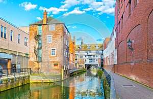 River Witham passes old wooden buildings in central Lincoln, England