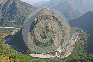 River yamuna winding its way thru himalayan mountains