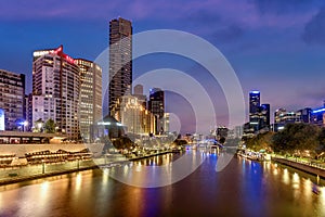 River Yarra and buildings on the Southbank at night, Melbourne,