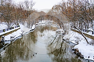 The river Yauza in the North of Moscow in winter during a thaw