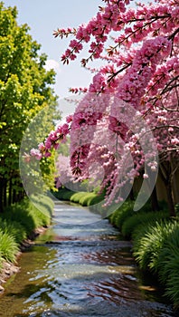 Riverbank adorned with pink blossoms among trees