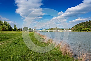 Riverbank and Bridge over the river in Piestany