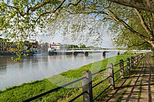 Riverbank and Bridge over the river in Piestany