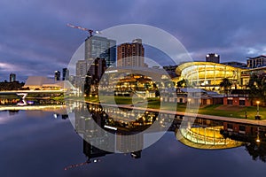 The riverbank precinct reflecting in the River Torrens in Adelaide South Australia on August 6th 2023