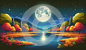 A riverbank scene at night with a full moon casting a soft glow on the autumn landscape. nature background, Autumn view
