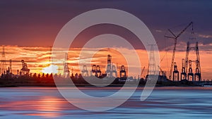 Riverbank with silhouettes of container terminal cranes during a sunset, Port of Antwerp, Belgium