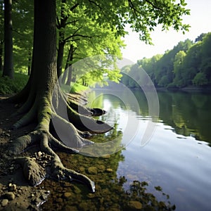 Riverbank tree roots exposed in the shallow water, trees, greenspace