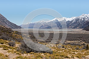 Riverbed of Tasman River near foothill of mt. Cook