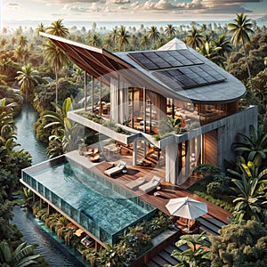 Riverfront Elegance: Solar-Powered Modern Dwelling., generative ai