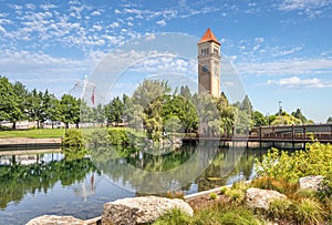 Riverfront Park, along the Spokane River in downtown Spokane, Washington, USA, with the Pavilion and clock tower in view