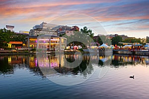 Riverfront Park and Spokane River at sunset during a festival
