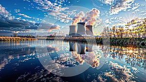Riverfront Power: Cooling Towers Mirror the Sky, generative ai