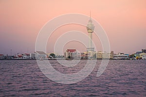 Riverfront view of Samut Prakan city hall with new observation tower and boat pier. Samut Prakan is at the mouth of the Chao