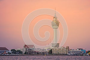 Riverfront view of Samut Prakan city hall with new observation tower and boat pier. Samut Prakan is at the mouth of the Chao