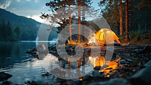 At a riverside campsite, a tent is pitched under the night sky, illuminated by the warm glow of a crackling fire photo