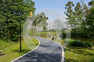 Riverside curving path in sunny spring morning