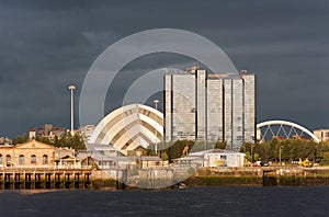 Riverside landmarks at sunset in Glasgow, Scotland photo