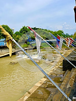 Riverside with a many flags