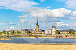 Riverside of Rhein in Dusseldorf with Saint Lambertus church, Germany