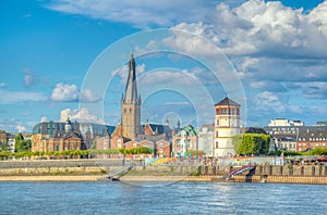 Riverside of Rhein in Dusseldorf with Saint Lambertus church, Germany
