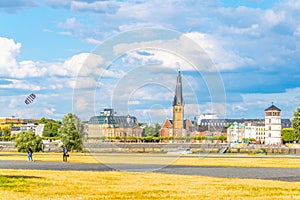 Riverside of Rhein in Dusseldorf with Saint Lambertus church, Germany