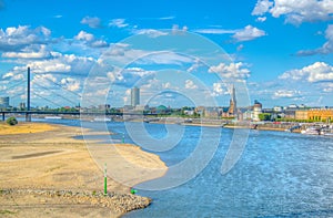 Riverside of Rhein in Dusseldorf with Saint Lambertus church, Germany