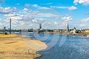 Riverside of Rhein in Dusseldorf with Saint Lambertus church, Germany