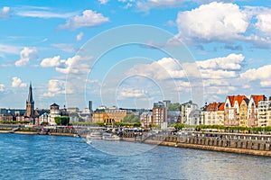 Riverside of Rhein in Dusseldorf with Saint Lambertus church, Germany