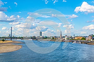 Riverside of Rhein in Dusseldorf with Saint Lambertus church, Germany