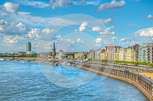 Riverside of Rhein in Dusseldorf with Saint Lambertus church, Germany